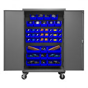 Durham Mobile Cabinet, 14 Gauge, 48 x 24 x 81, 42 Blue Bins, Flush Doors
