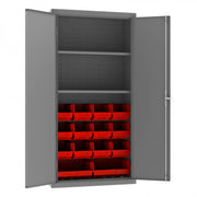 Durham Heavy Duty Cabinet, 14 Gauge, 36 x 18 x 72, 2 Adjustable Shelves, 14 Red Bins, Flush Doors