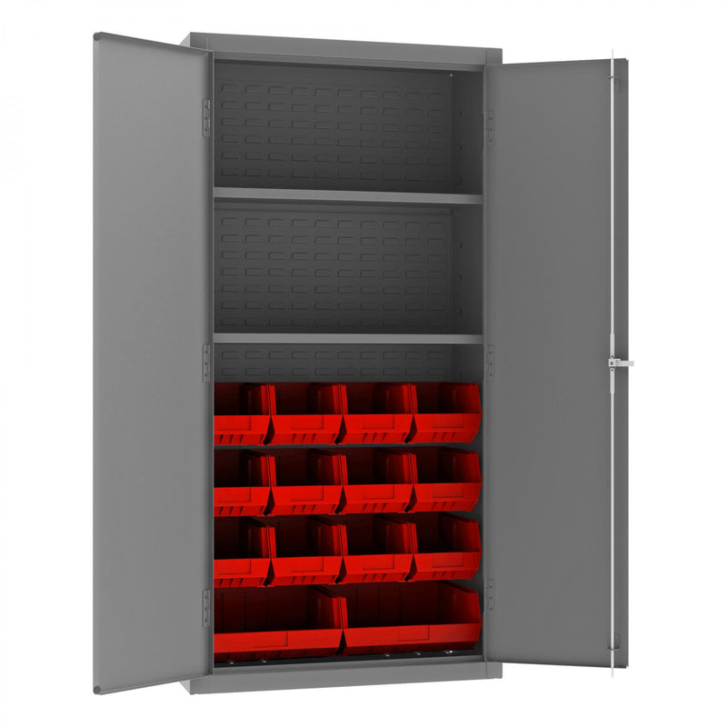 Durham Heavy Duty Cabinet, 14 Gauge, 36 x 18 x 72, 2 Adjustable Shelves, 14 Red Bins, Flush Doors