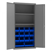 Durham Heavy Duty Cabinet, 14 Gauge, 36 x 18 x 72, 2 Adjustable Shelves, 14 Blue Bins, Flush Doors