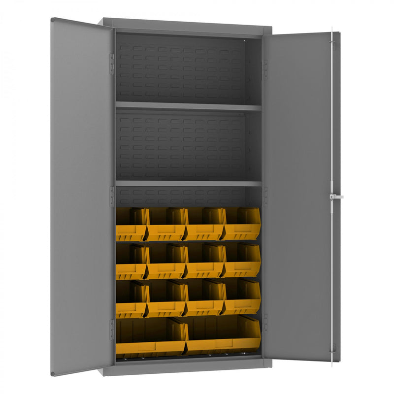 Durham Heavy Duty Cabinet, 14 Gauge, 36 x 18 x 72, 2 Adjustable Shelves, 14 Yellow Bins, Flush Doors