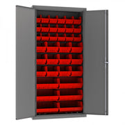 Durham Heavy Duty Cabinet, 14 Gauge, 36 x 18 x 72, 36 Red Bins, Flush Doors, Lockable