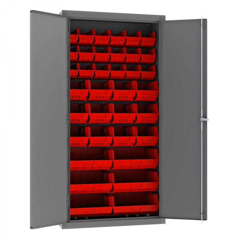 Durham Heavy Duty Cabinet, 14 Gauge, 36 x 18 x 72, 36 Red Bins, Flush Doors, Lockable