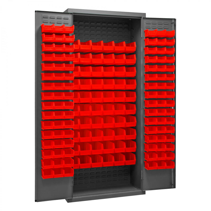 Durham Heavy Duty Cabinet, 14 Gauge, 36 x 18 x 84, 156 Red Bins, Flush Doors with Louvered Panel