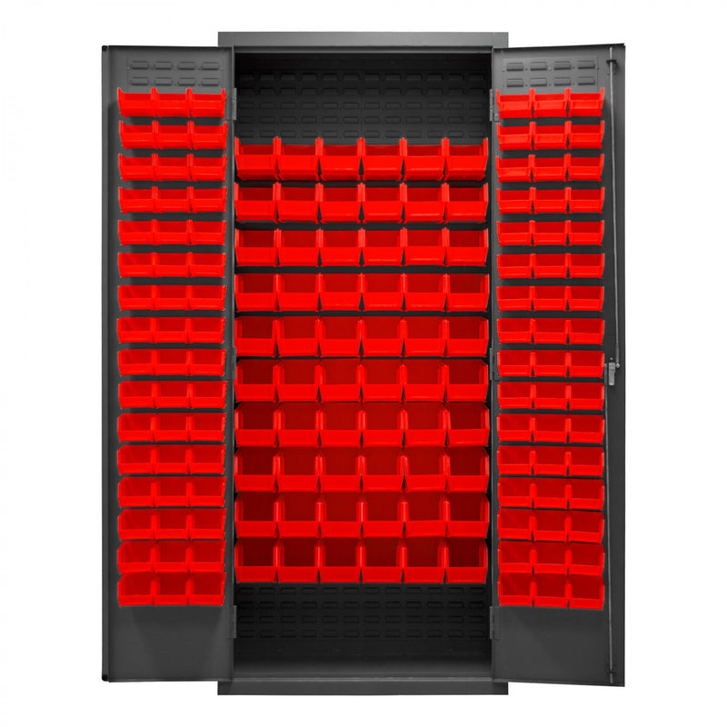 Durham Heavy Duty Cabinet, 14 Gauge, 36 x 18 x 84, 156 Red Bins, Flush Doors with Louvered Panel