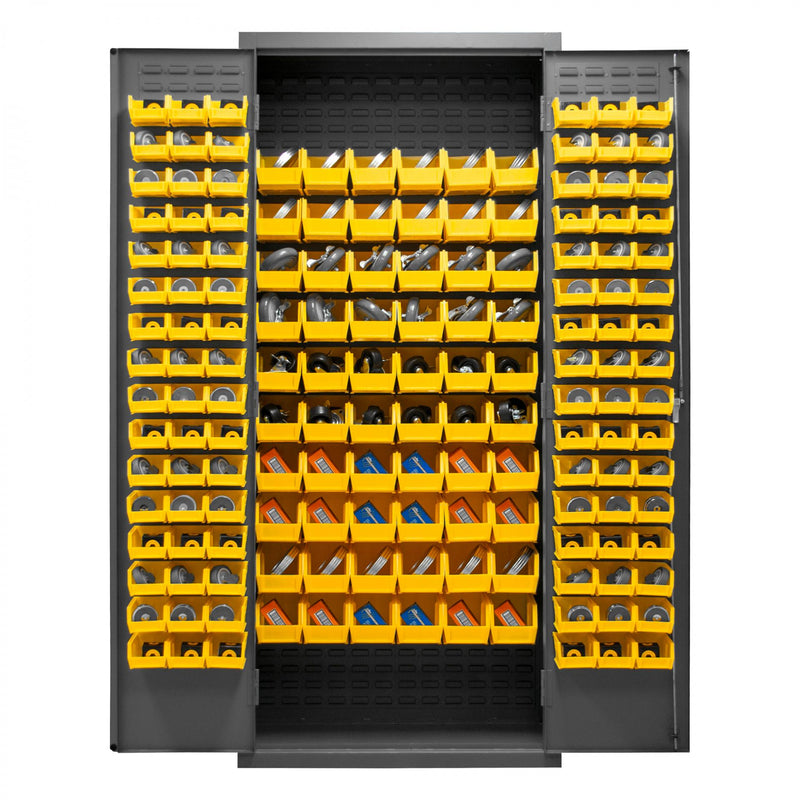 Durham Heavy Duty Cabinet, 14 Gauge, 36 x 18 x 84, 156 Yellow Bins, Flush Doors with Louvered Panel