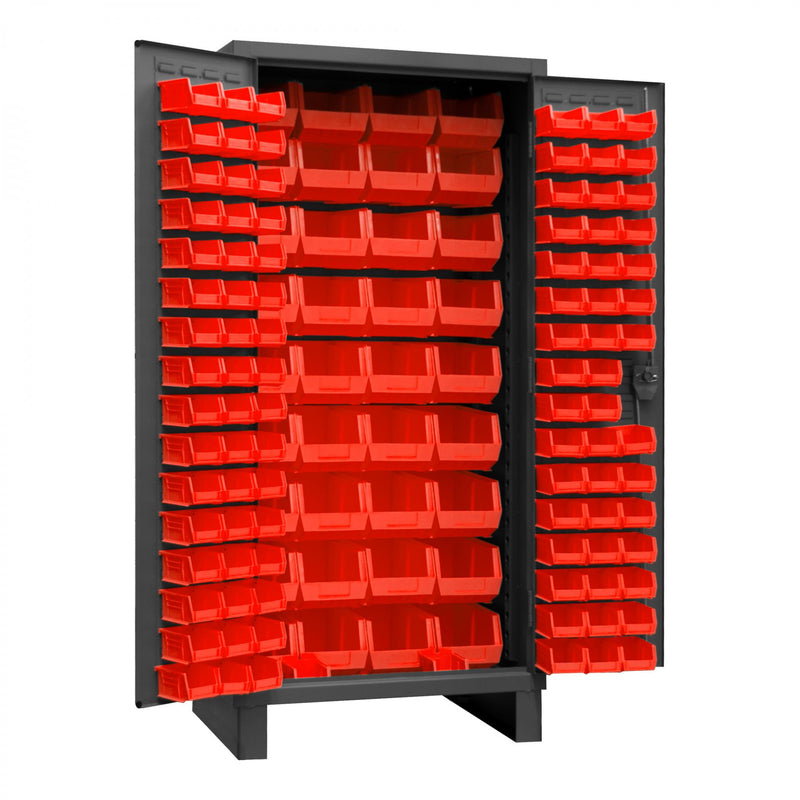 Durham Heavy Duty Cabinet, 14 Gauge, 36 x 24 x 78, 132 Red Bins, Recessed Door with Louvered Panel