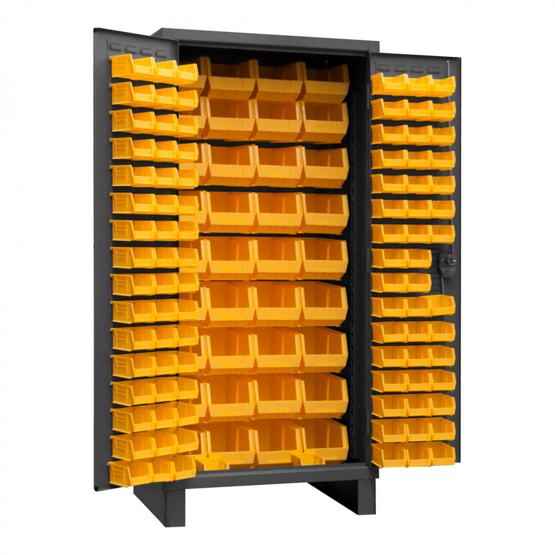 Durham Heavy Duty Cabinet, 14 Gauge, 36 x 24 x 78, 132 Yellow Bins, Recessed Door with Louvered Panel