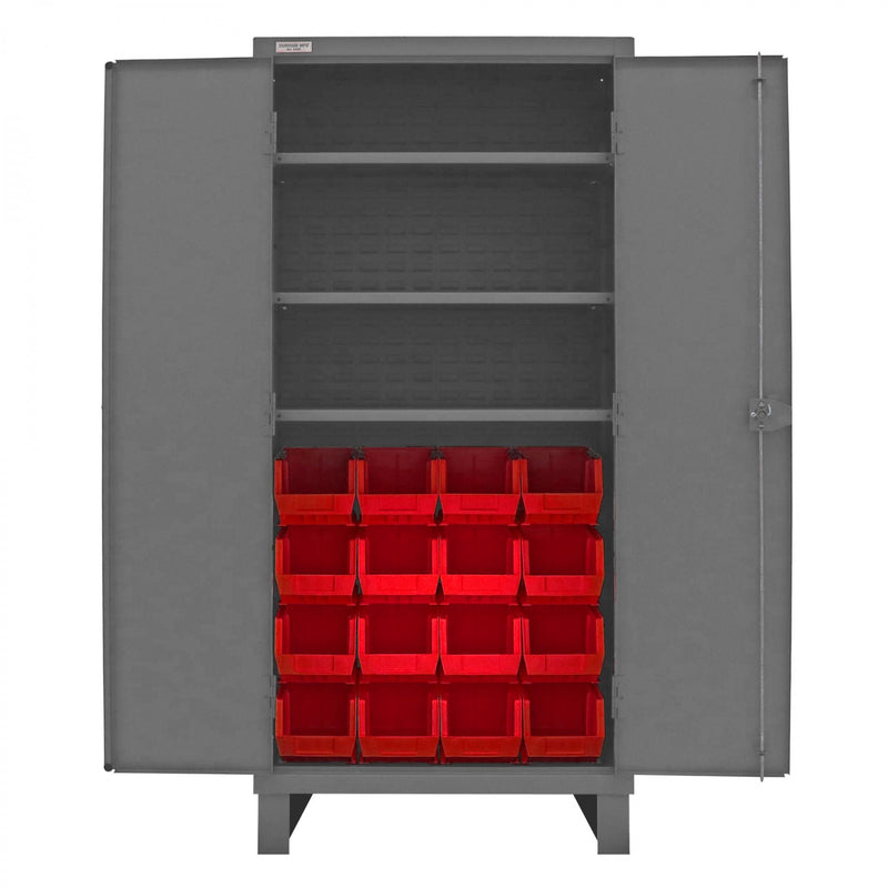 Durham Heavy Duty Cabinet, 14 Gauge, 36 x 24 x 78, 3 Adjustable Shelves, 16 Red Bins, Recessed Doors