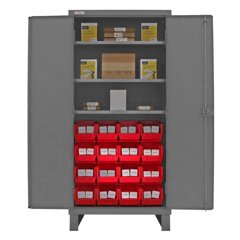 Durham Heavy Duty Cabinet, 14 Gauge, 36 x 24 x 78, 3 Adjustable Shelves, 16 Red Bins, Recessed Doors
