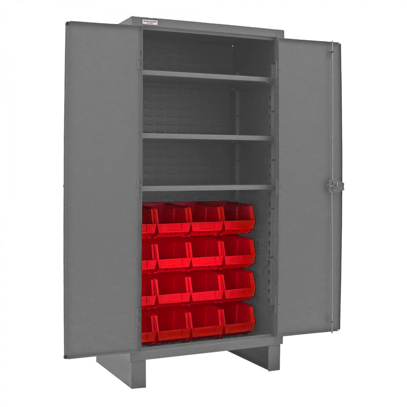 Durham Heavy Duty Cabinet, 14 Gauge, 36 x 24 x 78, 3 Adjustable Shelves, 16 Red Bins, Recessed Doors