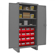 Durham Heavy Duty Cabinet, 14 Gauge, 36 x 24 x 78, 3 Adjustable Shelves, 16 Red Bins, Recessed Doors