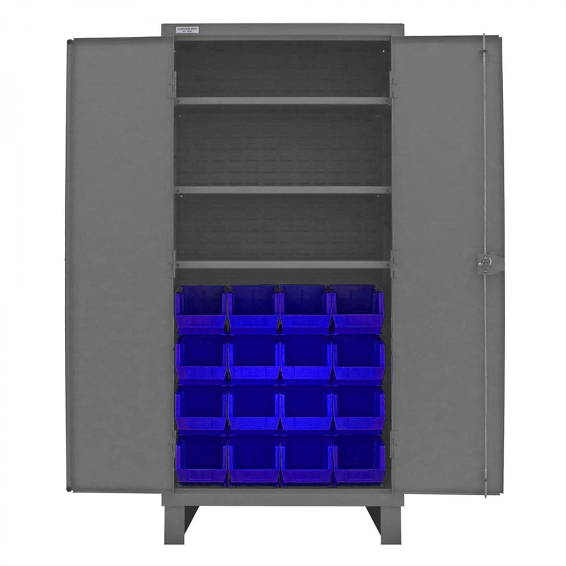 Durham Heavy Duty Cabinet, 14 Gauge, 36 x 24 x 78, 3 Adjustable Shelves, 16 Blue Bins, Recessed Doors
