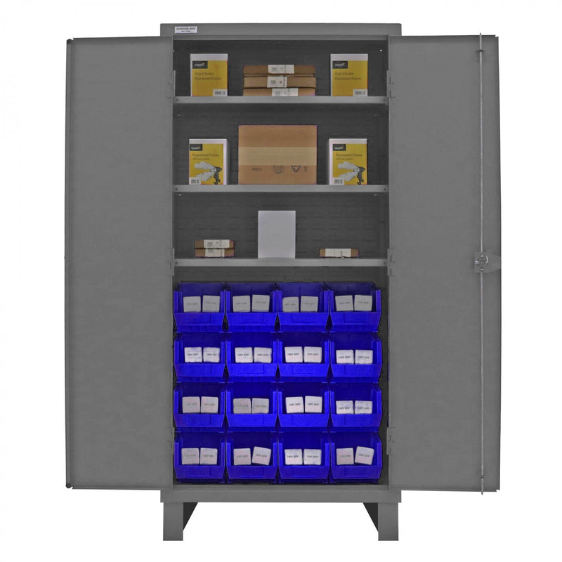 Durham Heavy Duty Cabinet, 14 Gauge, 36 x 24 x 78, 3 Adjustable Shelves, 16 Blue Bins, Recessed Doors