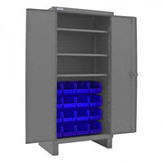 Durham Heavy Duty Cabinet, 14 Gauge, 36 x 24 x 78, 3 Adjustable Shelves, 16 Blue Bins, Recessed Doors