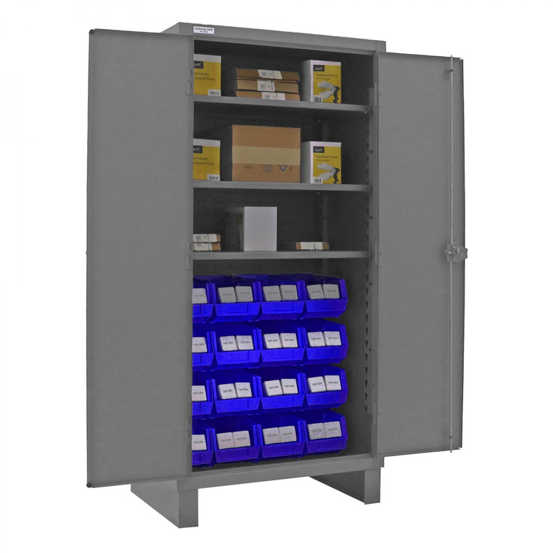 Durham Heavy Duty Cabinet, 14 Gauge, 36 x 24 x 78, 3 Adjustable Shelves, 16 Blue Bins, Recessed Doors