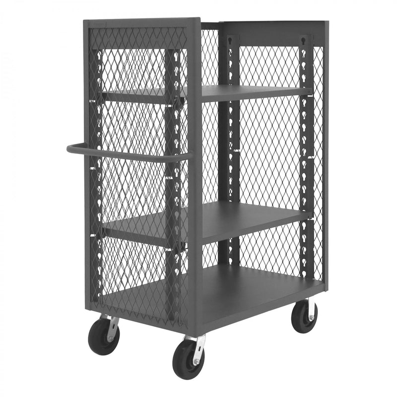 Durham 3 Sided Mesh Truck With 6" X 2" Phenolic Casters, (2) Rigid, (2) Swivel, 3 Shelves