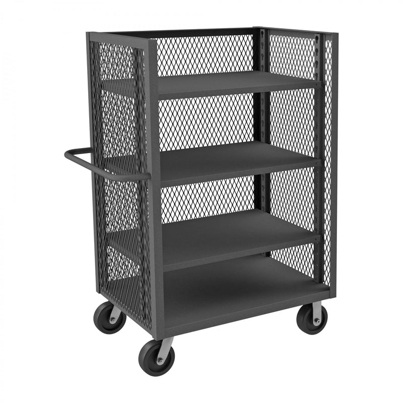Durham 3 Sided Mesh Truck With 6" X 2" Phenolic Casters, (2) Rigid, (2) Swivel, 4 Shelves
