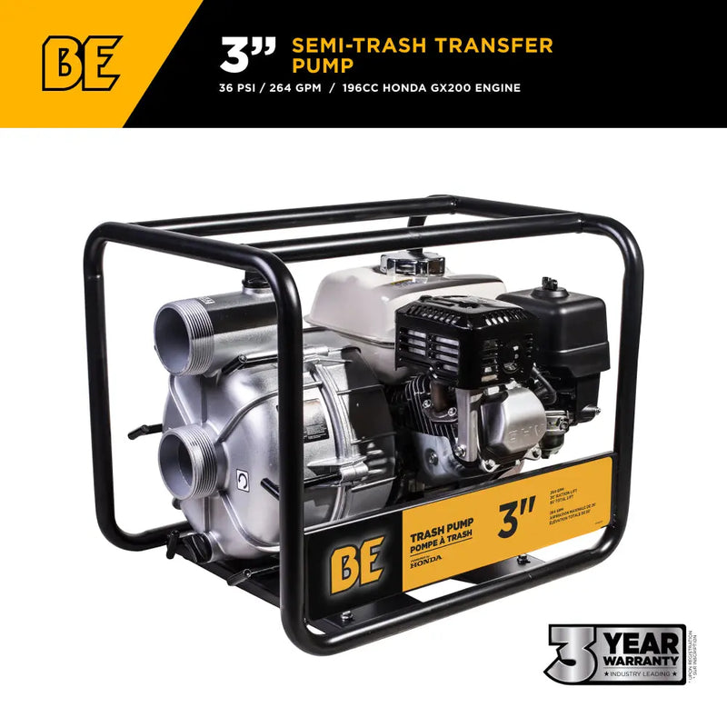 3" 36PSI 264GPM Semi-Trash Transfer Pump with Honda GX200 Engine BE Power Equipment