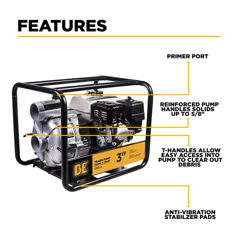3" 36PSI 264GPM Semi-Trash Transfer Pump with Honda GX200 Engine BE Power Equipment