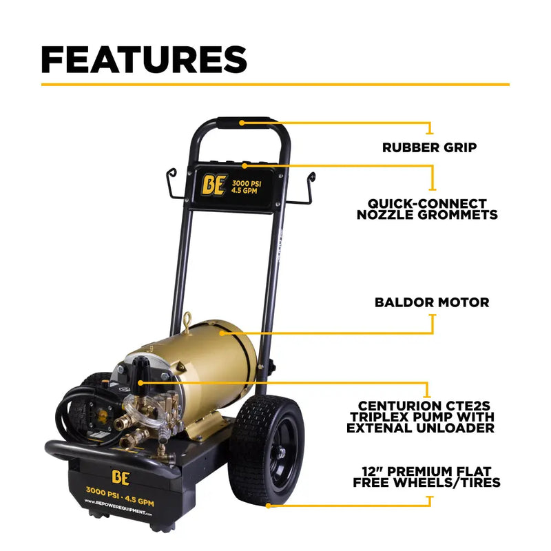 3,000 PSI 4.5 GPM 10 HP Electric Pressure Washer with Baldor Motor and CP Triplex Pump - B3010E34AHE BE Power Equipment