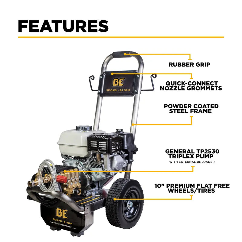 3,100 PSI 3.1 GPM Cold Water Gas Pressure Washer - B3165HSGS BE Power Equipment