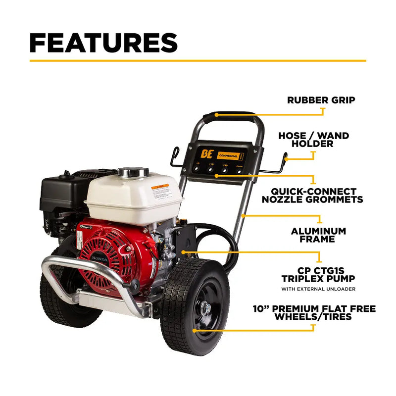 3,100 PSI 3.1GPM Cold Water Gas Pressure Washer Honda GX200 and CP Triplex Pump on Aluminum Frame - B3165HAAS BE Power Equipment