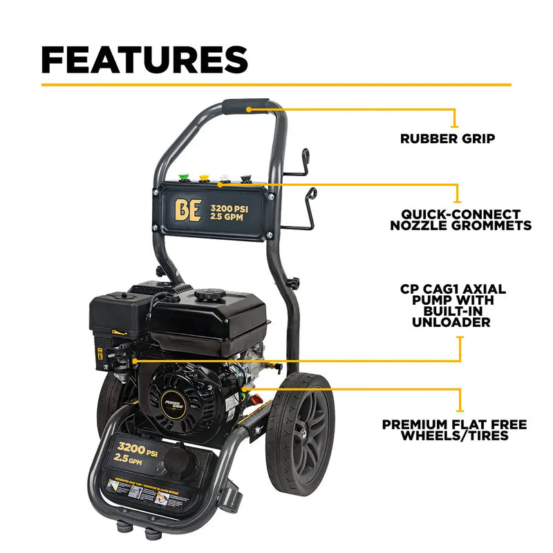 3,200PSI 2.5GPM Cold Water Gas Pressure Washer Powerease 212cc Engine and CP Axial Pump - BE327PX BE Power Equipment