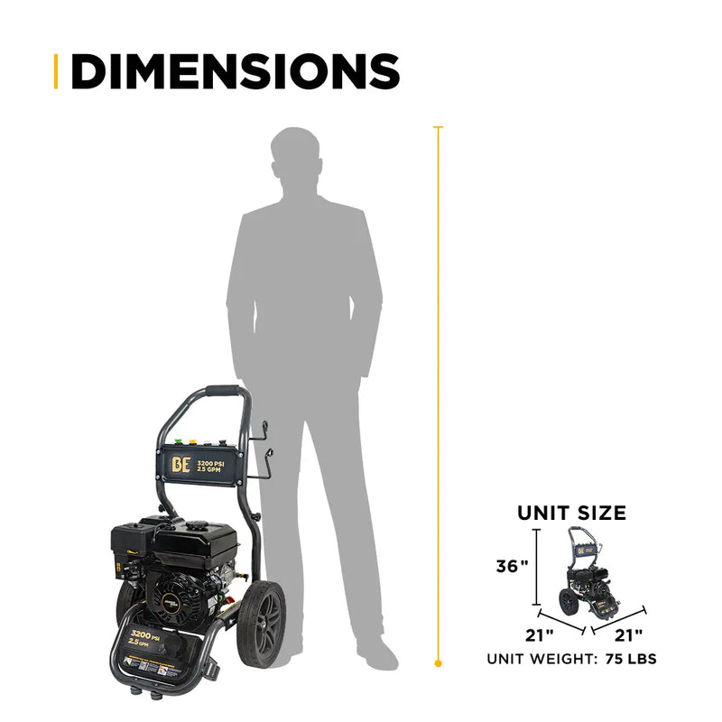 3,200PSI 2.5GPM Cold Water Gas Pressure Washer Powerease 212cc Engine and CP Axial Pump - BE327PX BE Power Equipment