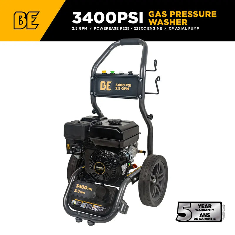 3,400PSI 2.5GPM Cold Water Gas Pressure Washer Powerease 223cc Engine and CP Axial Pump - BE3475PX BE Power Equipment