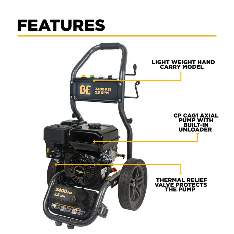 3,400PSI 2.5GPM Cold Water Gas Pressure Washer Powerease 223cc Engine and CP Axial Pump - BE3475PX BE Power Equipment