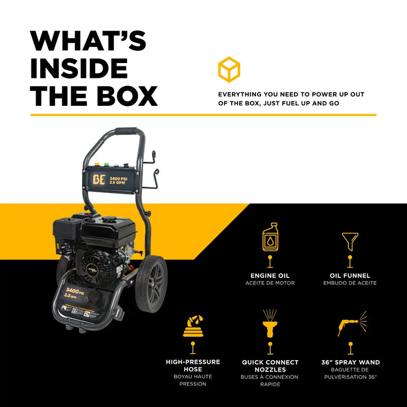 3,400PSI 2.5GPM Cold Water Gas Pressure Washer Powerease 223cc Engine and CP Axial Pump - BE3475PX BE Power Equipment