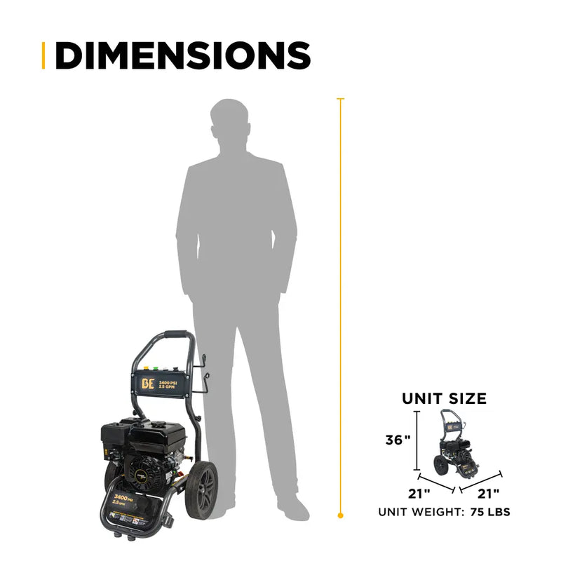 3,400PSI 2.5GPM Cold Water Gas Pressure Washer Powerease 223cc Engine and CP Axial Pump - BE3475PX BE Power Equipment