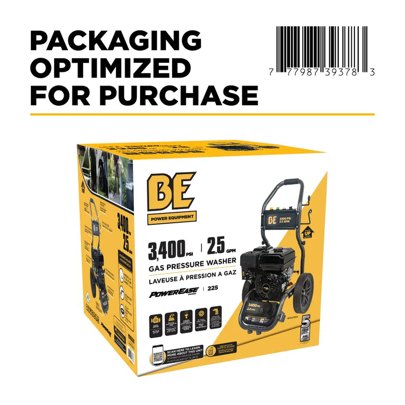 3,400PSI 2.5GPM Cold Water Gas Pressure Washer Powerease 223cc Engine and CP Axial Pump - BE3475PX BE Power Equipment