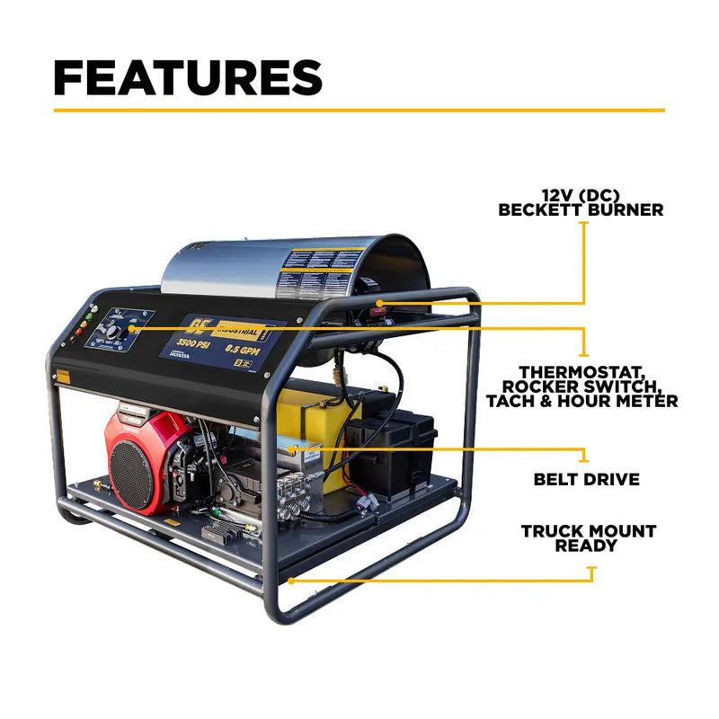 3,500 PSI 5.6GPM Hot Water Pressure Washer Honda GX690 Engine and General Triplex Pump - HW3524HG12V BE Power Equipment