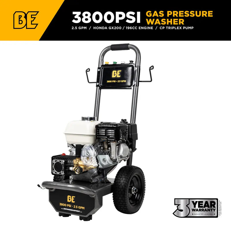 3,800 PSI 2.5 GPM Cold Water Gas Pressure Washer with Honda GX200 Engine and CP Triplex Pump - B3865HA BE Power Equipment