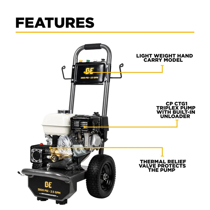 3,800 PSI 2.5 GPM Cold Water Gas Pressure Washer with Honda GX200 Engine and CP Triplex Pump - B3865HA BE Power Equipment