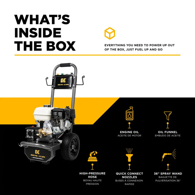 3,800 PSI 2.5 GPM Cold Water Gas Pressure Washer with Honda GX200 Engine and CP Triplex Pump - B3865HA BE Power Equipment