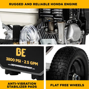 3,800 PSI 2.5 GPM Cold Water Gas Pressure Washer with Honda GX200 Engine and CP Triplex Pump - B3865HA BE Power Equipment
