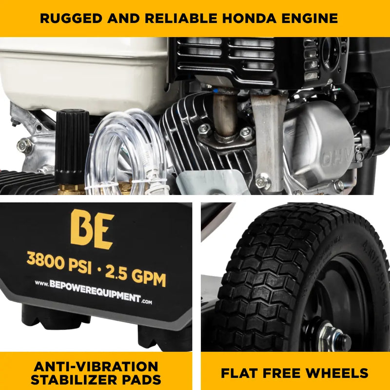 3,800 PSI 2.5 GPM Cold Water Gas Pressure Washer with Honda GX200 Engine and CP Triplex Pump - B3865HA BE Power Equipment