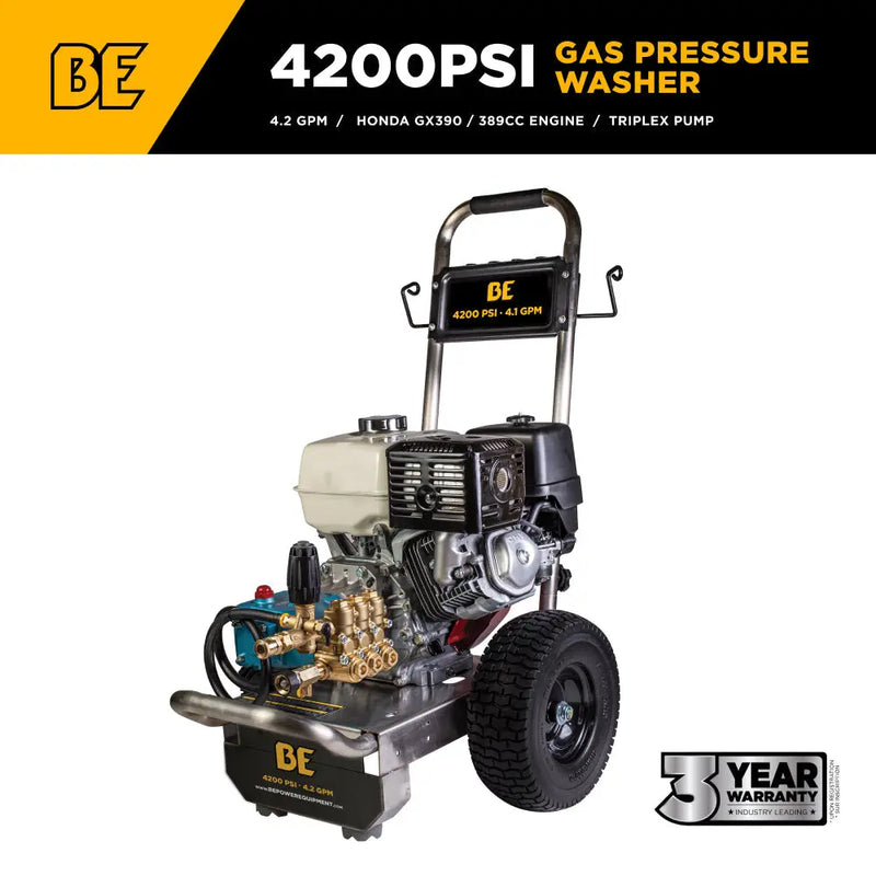 4.2GPM Cold Water Gas Pressure Washer Honda GX390 Engine and General Triplex Pump on Stainless Steel Frame - B4213HSJS BE Power Equipment