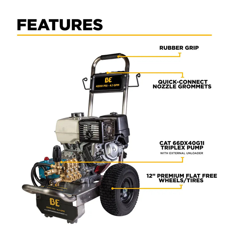 4.2GPM Cold Water Gas Pressure Washer Honda GX390 Engine and General Triplex Pump on Stainless Steel Frame - B4213HSJS BE Power Equipment