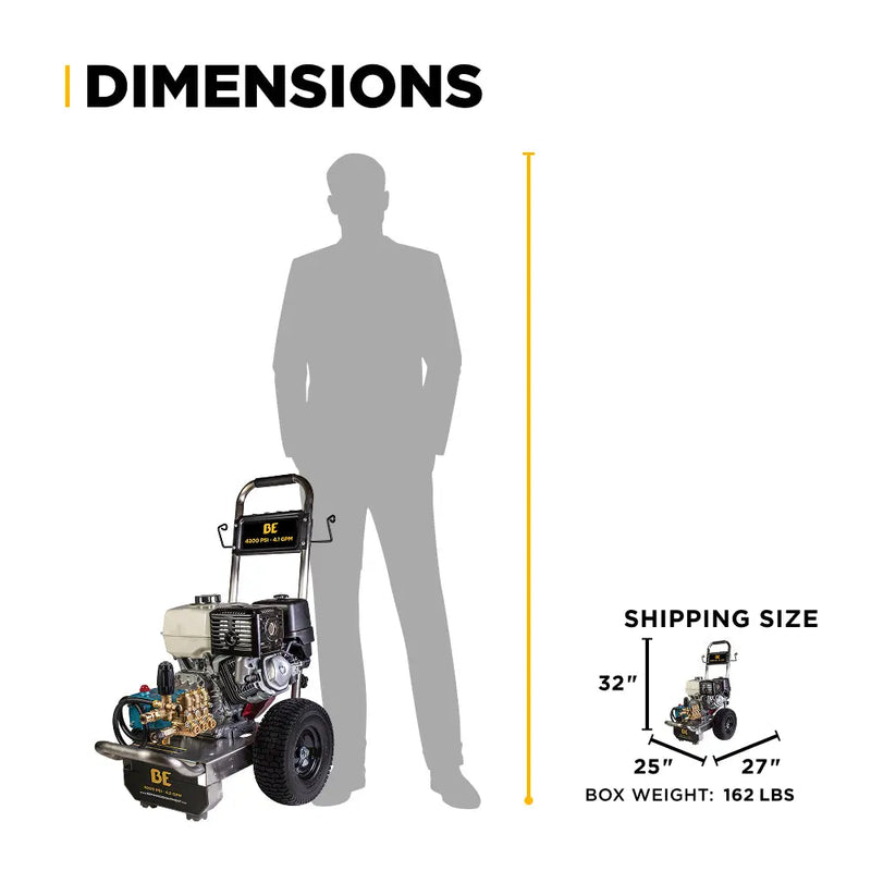 4.2GPM Cold Water Gas Pressure Washer Honda GX390 Engine and General Triplex Pump on Stainless Steel Frame - B4213HSJS BE Power Equipment