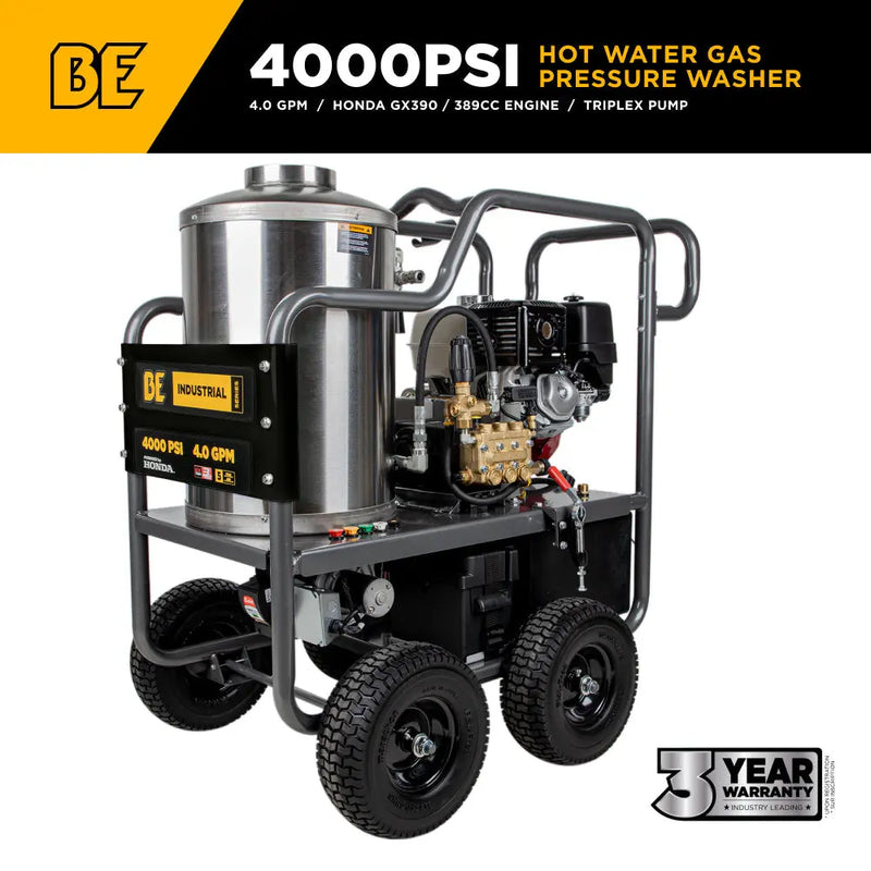 4,000 PSI - 4.0 GPM Hot Water Pressure Washer with Honda GX390 Engine and Belt Driven General Triplex Pump - HW4013HBG BE Power Equipment