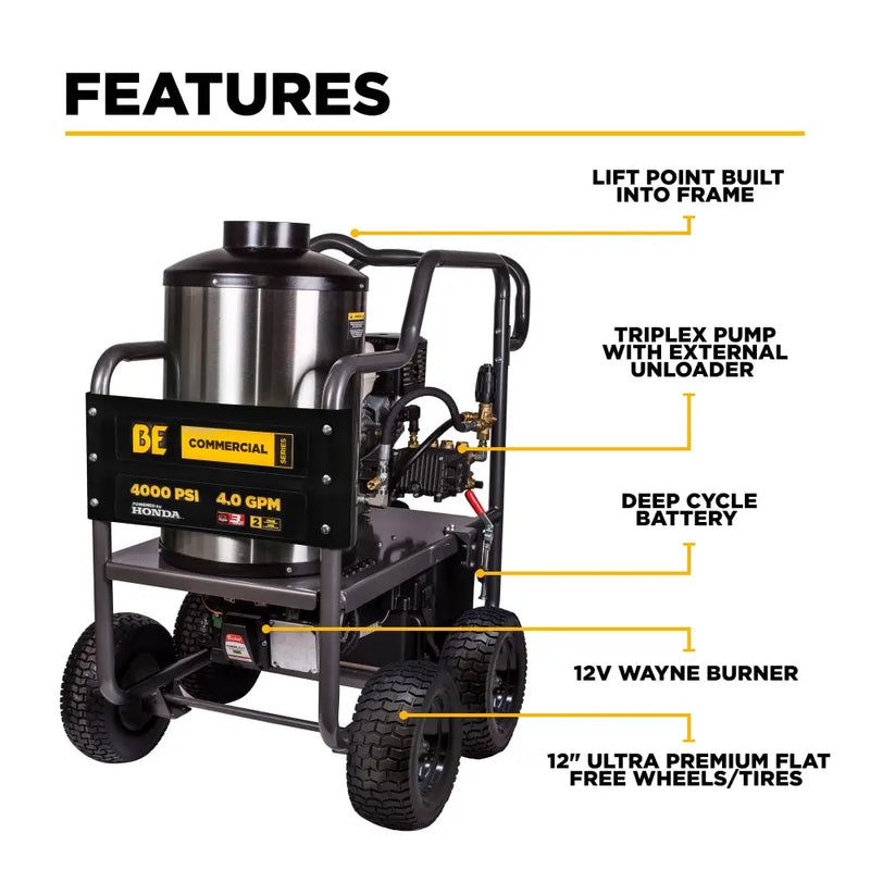 4,000 PSI - 4.2 GPM Hot Water Pressure Washer with Honda GX390 Engine and General Triplex Pump - HW4013HG BE Power Equipment