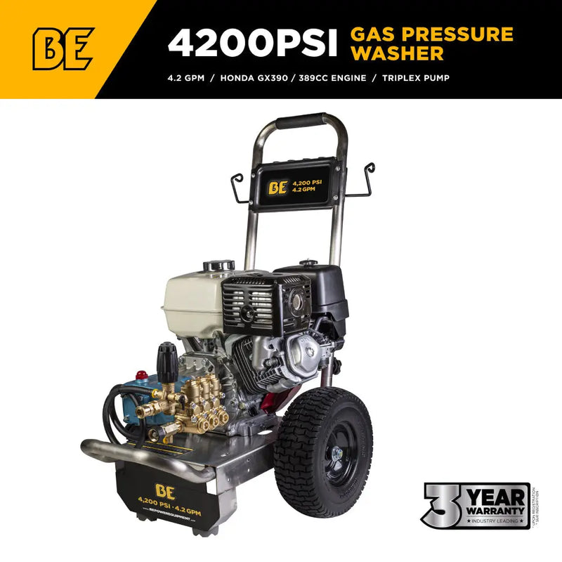 4,200 PSI 4.2 GPM Cold Water Gas Pressure Washer Honda GX390 Engine and CAT Triplex Pump on Stainless Steel Frame - B4213HSJ BE Power Equipment