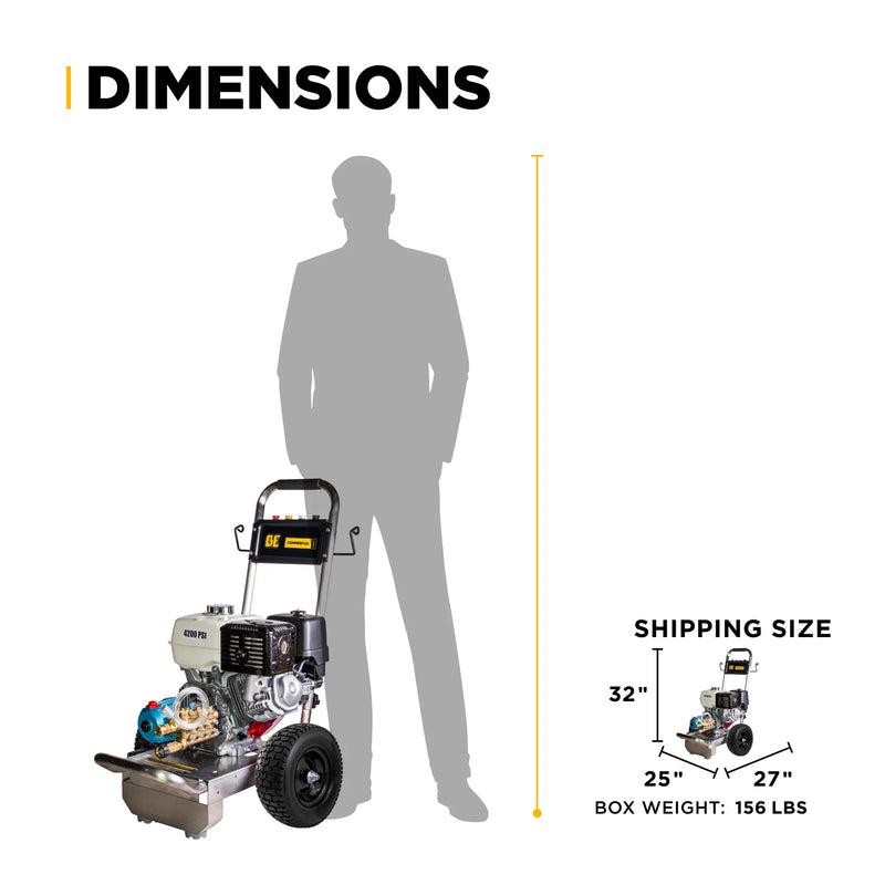 4,200 PSI 4.2 GPM Cold Water Gas Pressure Washer Honda GX390 Engine and CAT Triplex Pump on Stainless Steel Frame - B4213HSJ BE Power Equipment