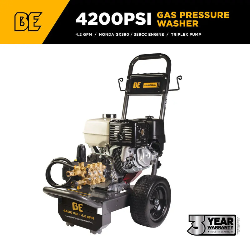 4,200 PSI 4.2 GPM Cold Water Gas Pressure Washer Honda GX390 Engine and General Triplex External Unloader Pump - B4213HGS BE Power Equipment