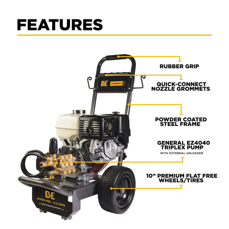 4,200 PSI 4.2 GPM Cold Water Gas Pressure Washer Honda GX390 Engine and General Triplex External Unloader Pump - B4213HGS BE Power Equipment