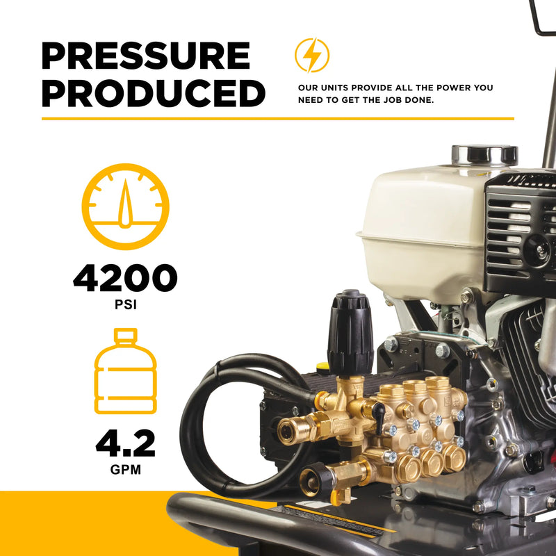4,200 PSI 4.2 GPM Cold Water Gas Pressure Washer Honda GX390 Engine and General Triplex External Unloader Pump - B4213HGS BE Power Equipment
